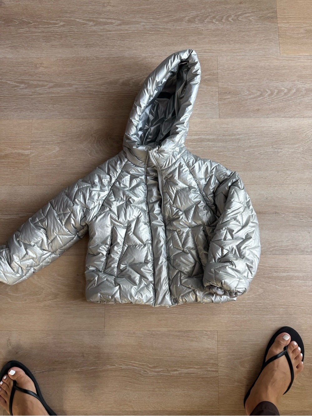 Zara Metallic Silver  Hooded Puffer Coat